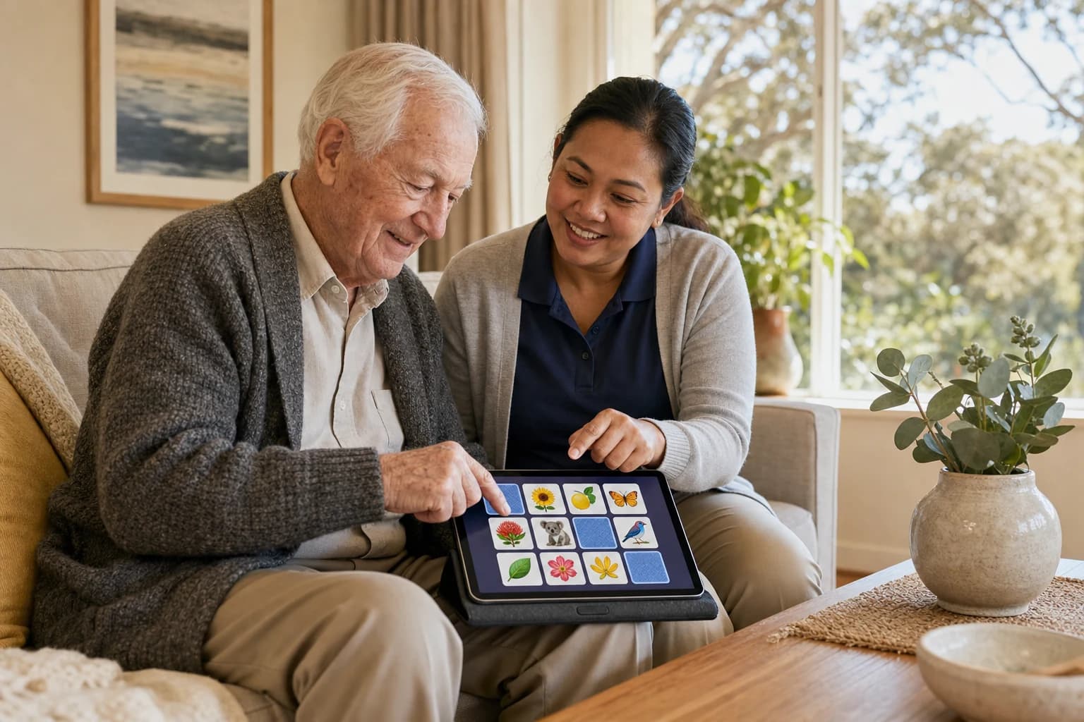 Warm, photorealistic, documentary-style photograph for an aged-care blog. In a bright, homely Australian living room, a friendly home-care support worker sits beside an older man in his 80s on a sofa, both engaging with a large touchscreen tablet showing a colourful memory activity. Natural daylight, shallow depth of field, warm and dignified mood, a sense of independence at home, authentic not staged. No text or logos.