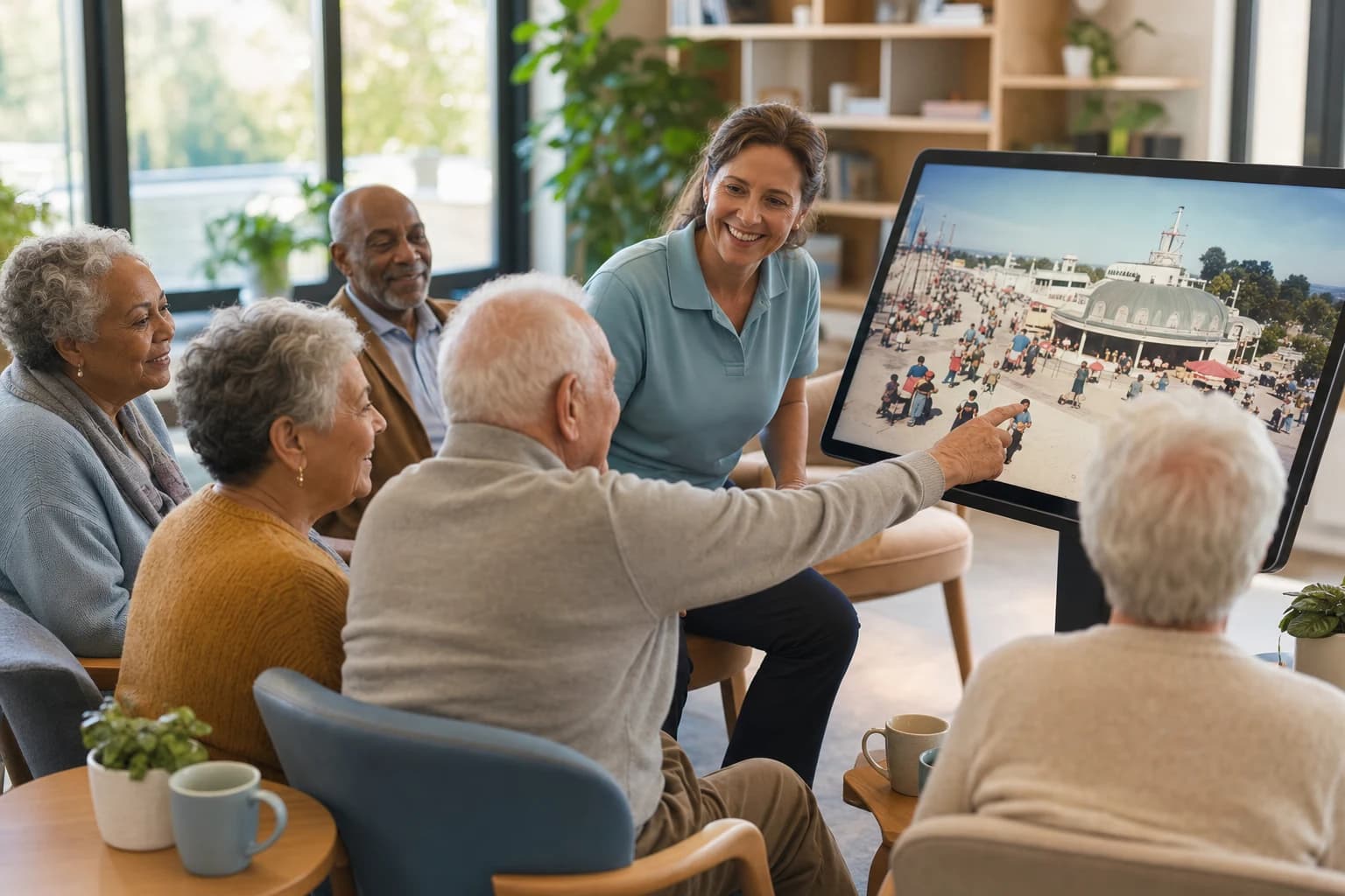 Warm, photorealistic, documentary-style photograph for an aged-care blog. In a bright, modern aged-care home activity room, a small group of older adults sits in a semicircle with a care worker leading a lively group memory-and-discussion session, one resident touching a large touchscreen showing a colourful reminiscence photo. Natural light, shallow depth of field, warm and engaged mood, authentic not staged. No text or logos.